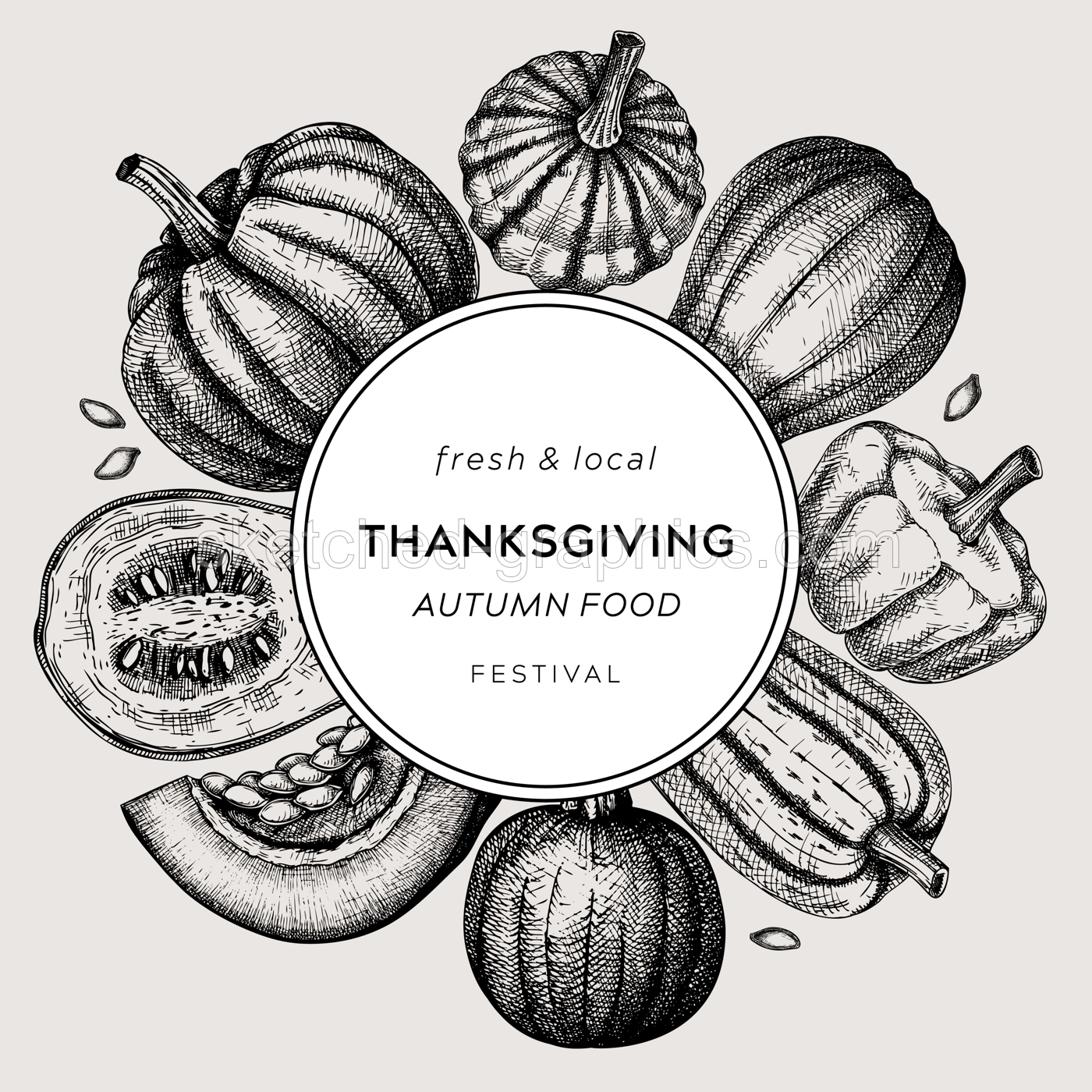 Sketched pumpkin vintage wreath. Thanksgiving day vintage design. Autumn food drawing. Vector vegetables, butternut squash, marrow, pumpkins sketches. Fall Harvest festival card or invitation template Illustration